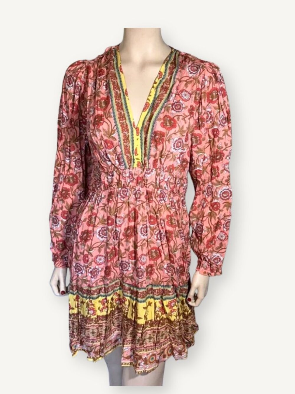 NWT Umgee Floral Boho Babydoll Dress Pink Yellow Size L